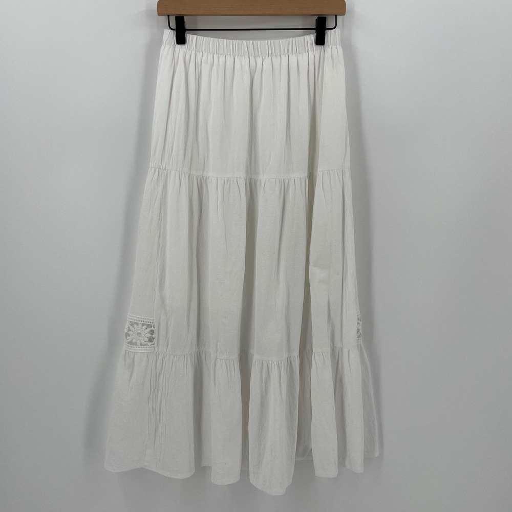 White Tiered Maxi Skirt Floral Lace Inset Elastic Waist Boho Cottagecore Size S - Picture 3 of 8